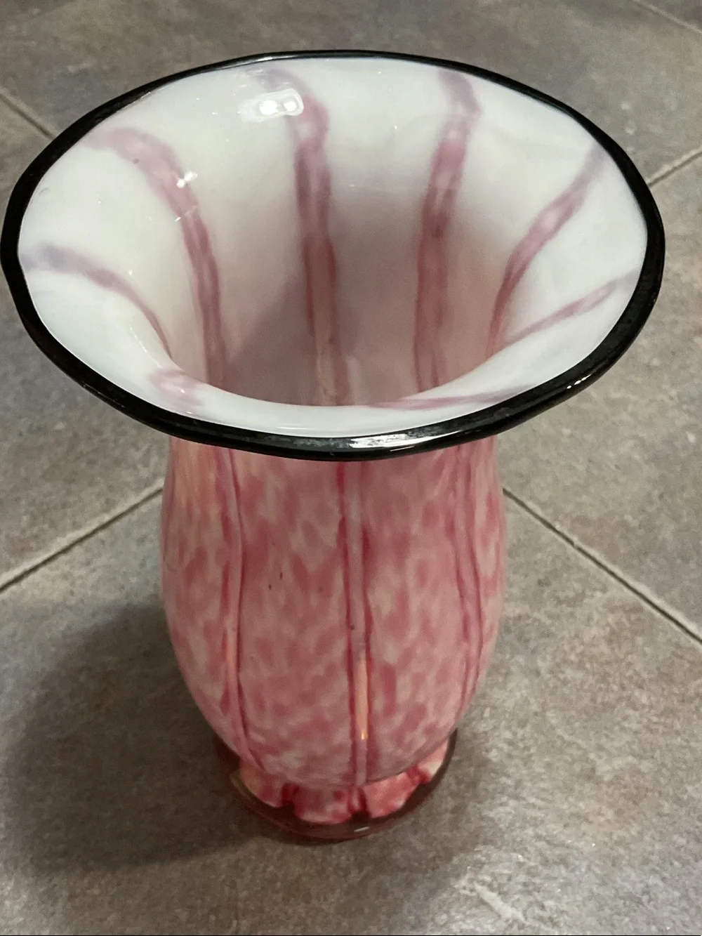 Hand-Blown Pink Art Glass Vase with Black Rim